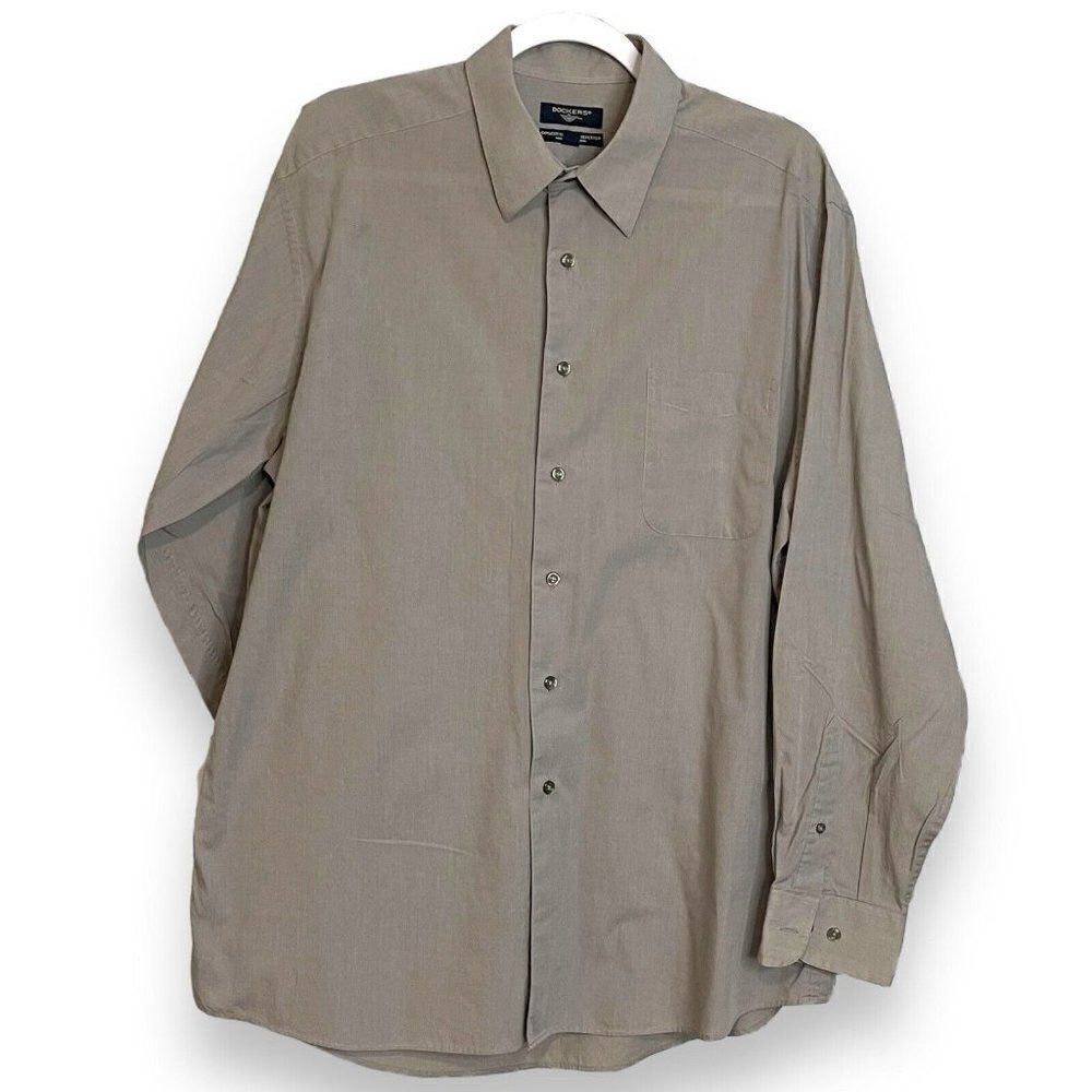 Dockers Button Up Shirt Mens Large Gray Business Casual Cotton Blend Pocket Flaw